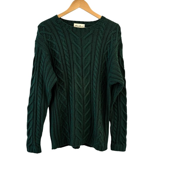 Eddie Bauer Mens Forest Green Cable Knit Sweater Size L Preppy Nautical Classic - Picture 1 of 8
